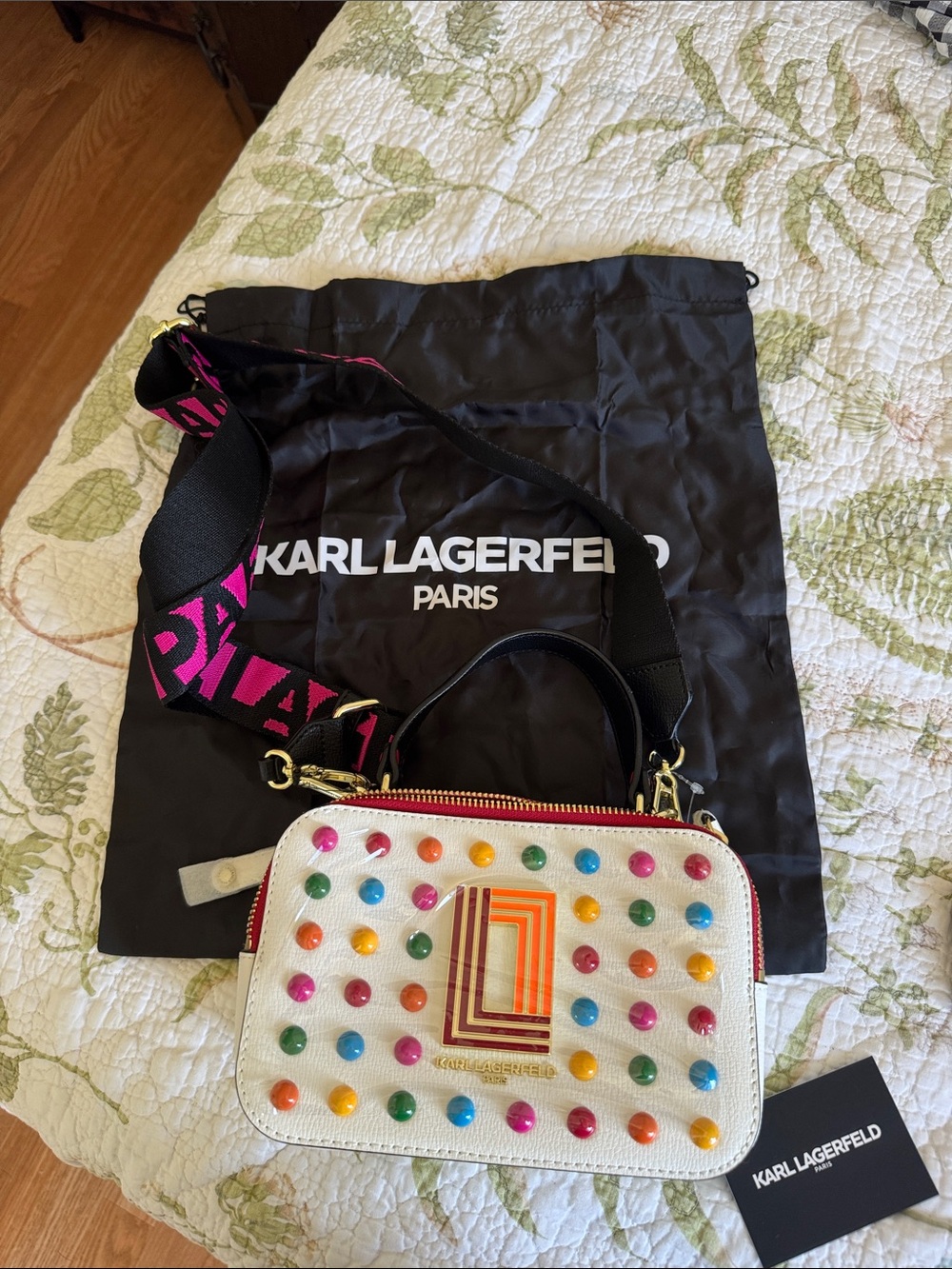 Karl Lagerfeld White Multicolor Studded Crossbody with Logo Accent